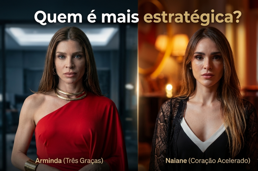 Comparação entre Arminda da novela Três Graças e Naiane de Coração Acelerado em imagem dividida destacando o confronto entre personagens