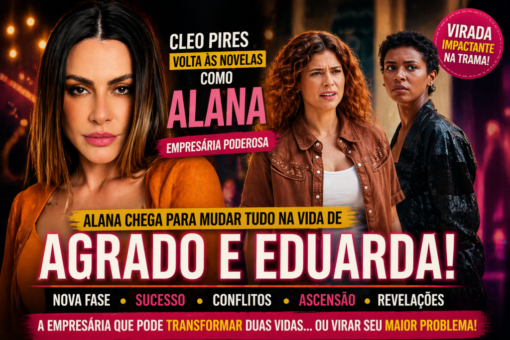 Capa de novela mostrando uma empresária confiante ao lado de duas mulheres preocupadas, representando a chegada de Alana e a mudança na vida de Agrado e Eduarda em Coração Acelerado
