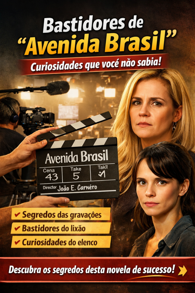 Imagem de capa sobre os bastidores da novela Avenida Brasil, com claquete de gravação em primeiro plano, cenário de estúdio ao fundo e duas personagens femininas em destaque, acompanhada de textos sobre curiosidades, segredos das gravações e bastidores da produção.