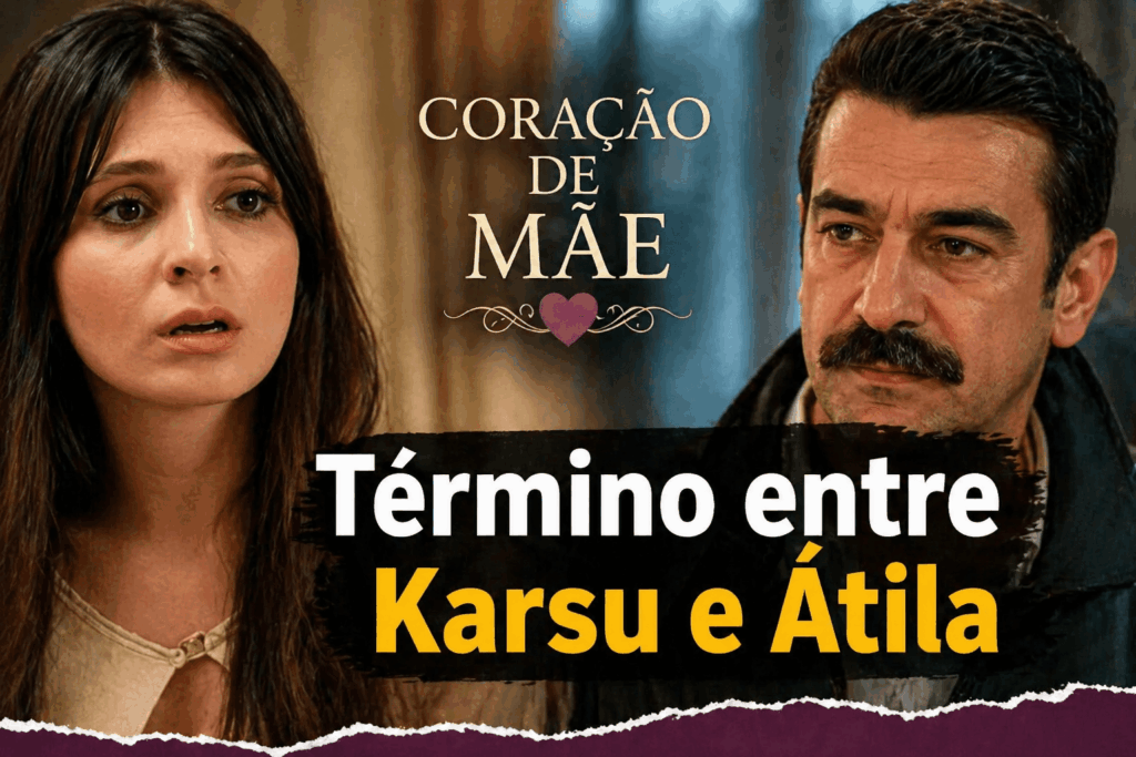 Karsu e Átila em cena dramática de Coração de Mãe com expressão tensa, destacando o término do casal