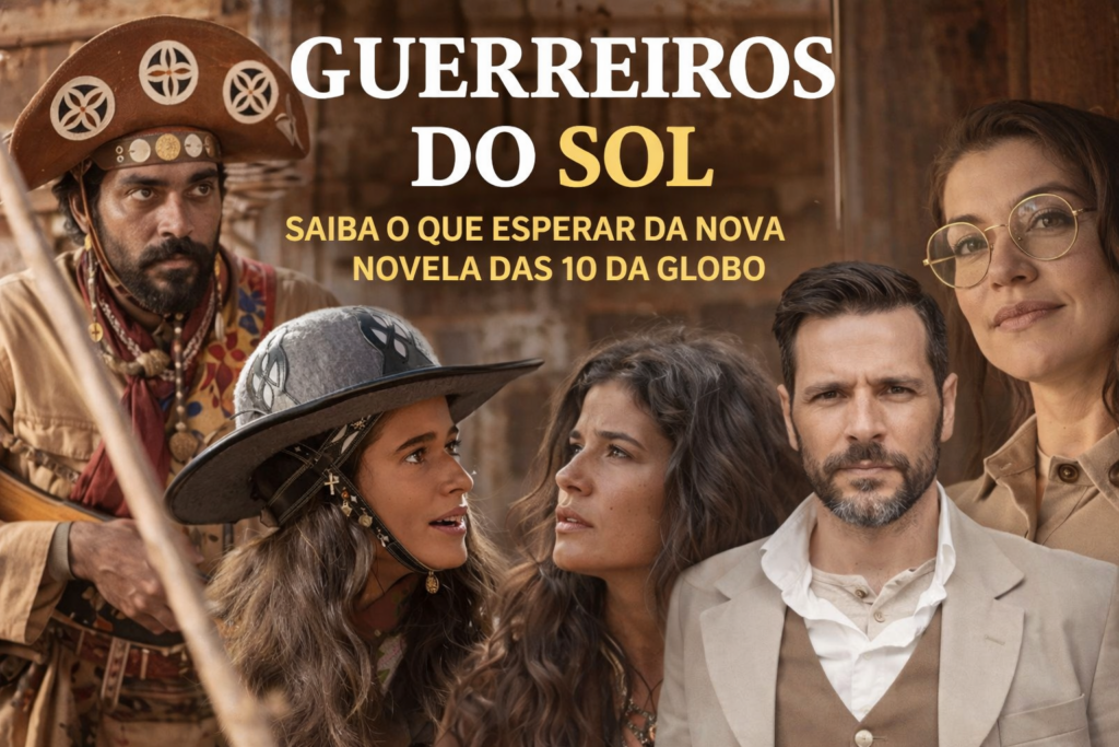 Cena de época no sertão nordestino com personagens caracterizados como cangaceiros, destacando um casal em momento de tensão e outros personagens ao fundo, representando o clima dramático da novela Guerreiros do Sol.