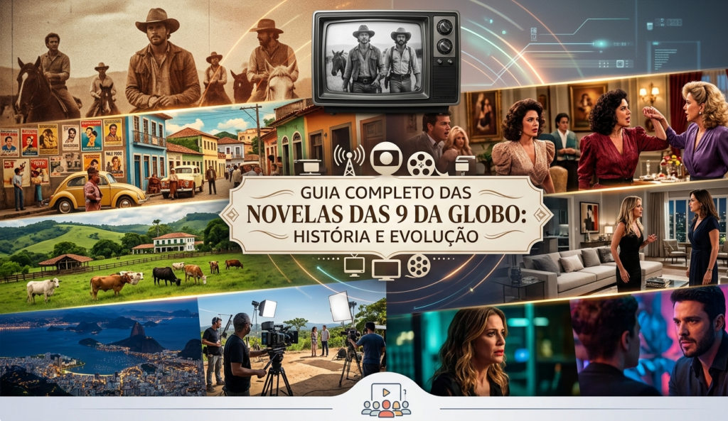 Mosaico visual sobre a evolução das novelas das 9 da Globo, apresentando cenas que remetem a clássicos rurais, dramas urbanos e bastidores de produção cinematográfica moderna, com o título centralizado 'Guia Completo das Novelas das 9 da Globo: História e Evolução