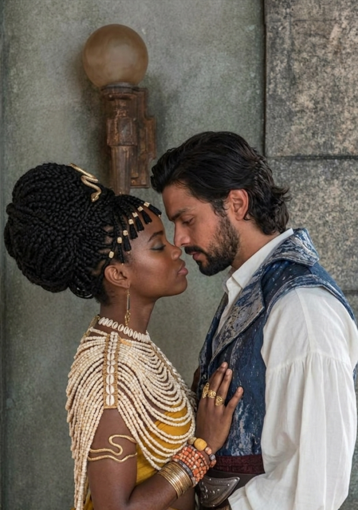 Omar se aproxima de Kênia em cena intensa de sedução, com os dois quase se beijando, evidenciando o plano de vingança do personagem. Ela usa adornos dourados e expressão envolvida, enquanto ele demonstra tensão e estratégia, em um ambiente neutro que reforça o clima dramático da novela.