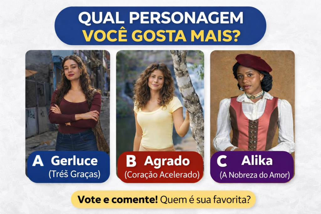 Enquete com três personagens femininas de novelas brasileiras: Gerluce de Três Graças, Agrado de Coração Acelerado e Alika de A Nobreza do Amor, com a pergunta “Qual personagem você gosta mais?” e opções de votação A, B e C.