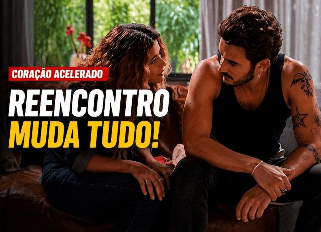 Homem e mulher sentados próximos no sofá, em clima emocional e carregado, sugerindo reconexão amorosa entre João Raul e Agrado após acidente na novela Coração Acelerado.