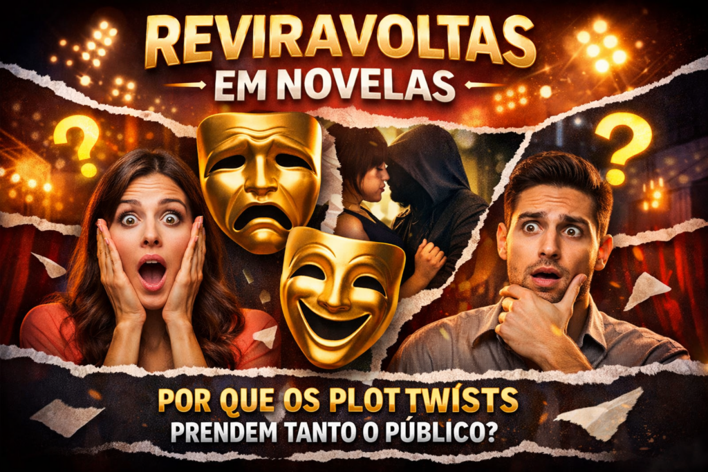 Imagem de capa sobre novelas mostrando máscaras de teatro douradas, personagens surpresos e a frase “Reviravoltas em Novelas: por que os plot twists prendem tanto o público?”, destacando drama, emoção e suspense.