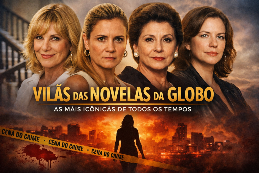 Imagem promocional com as principais vilãs das novelas da Globo, incluindo personagens icônicas como Nazaré Tedesco, Carminha, Odete Roitman e Flora, em destaque com expressão marcante e fundo dramático urbano.
