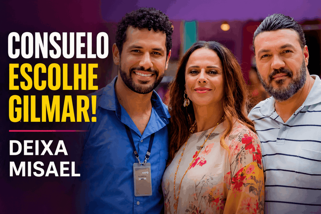 Consuelo ao lado de Gilmar e Misael em cena final de Três Graças, destacando o desfecho do triângulo amoroso da novela