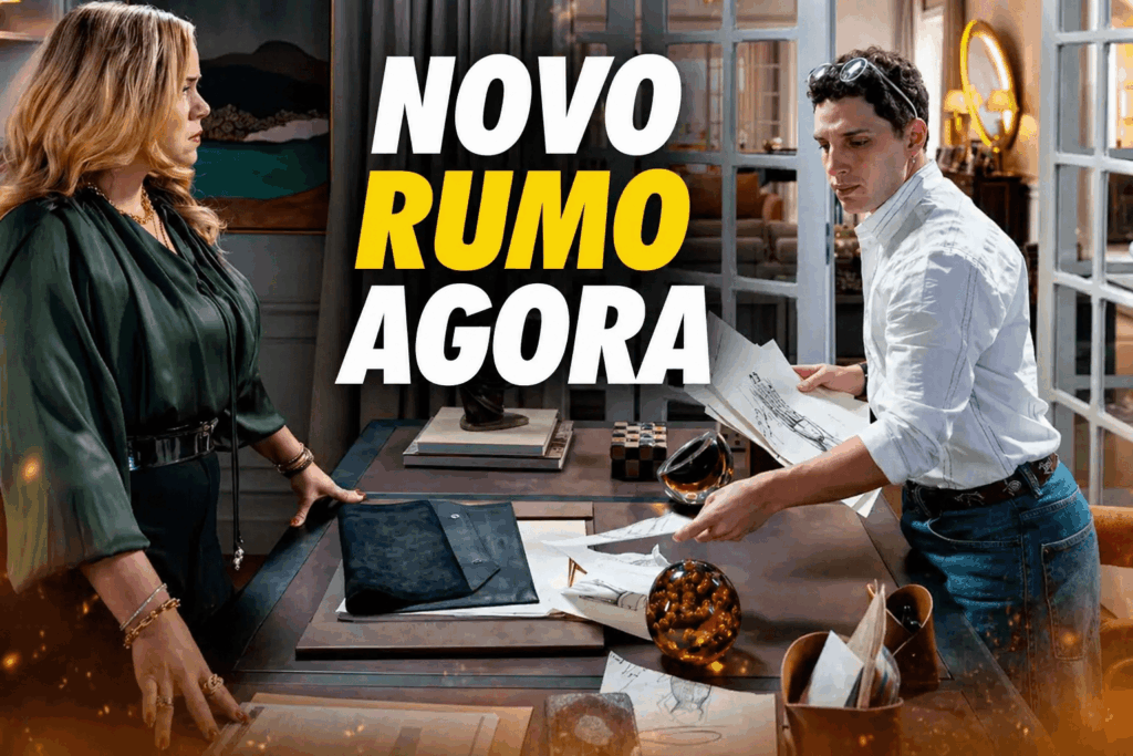 Esteban discute com mulher em escritório enquanto segura documentos após deixar a Alô Country em Coração Acelerado