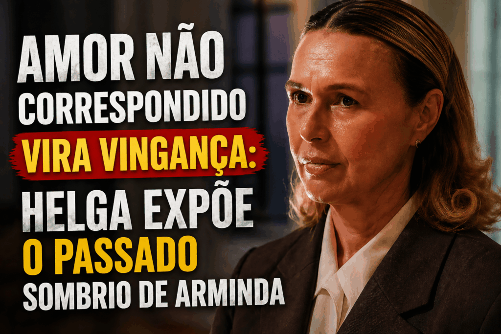 Mulher com expressão séria em destaque representando Helga na novela Três Graças, com texto na imagem sobre amor não correspondido que vira vingança e a revelação do passado sombrio de Arminda.