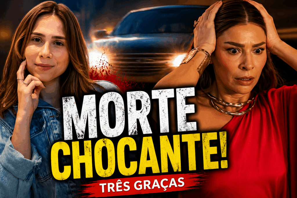 Lucélia e Arminda em cena tensa com carro ao fundo antes de atropelamento chocante na novela Três Graças