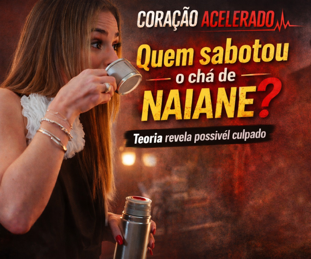 Naiane bebendo chá em cena tensa da novela Coração Acelerado enquanto mistério sobre sabotagem gera suspense