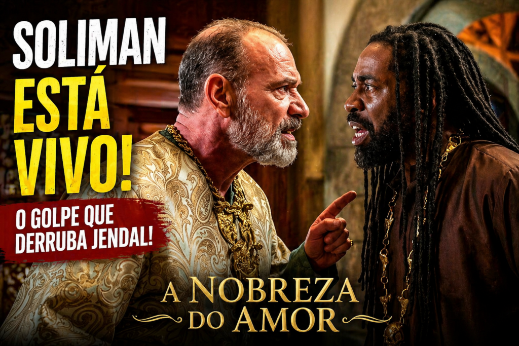 Confronto intenso entre dois homens em cenário de época, representando o momento em que Soliman retorna vivo e enfrenta Jendal na novela A Nobreza do Amor