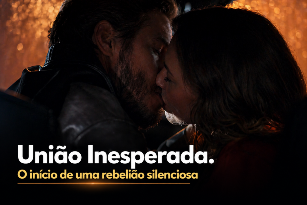 “Casal em cena romântica se beijando em momento intenso da novela Três Graças, representando uma união inesperada entre personagens”