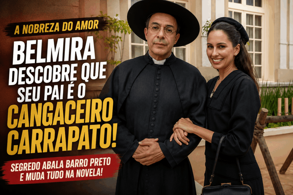 Belmira ao lado de Padre Viriato em cena de A Nobreza do Amor durante descoberta sobre o cangaceiro Carrapato