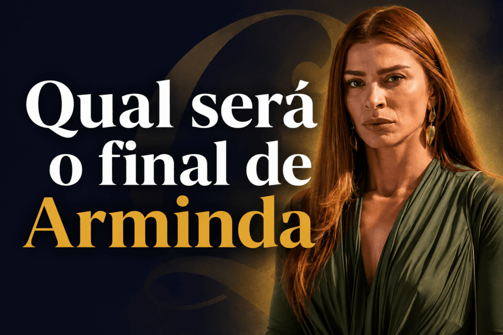 Arminda aparece séria em imagem promocional com a frase “Qual será o final de Arminda?” na novela Três Graças