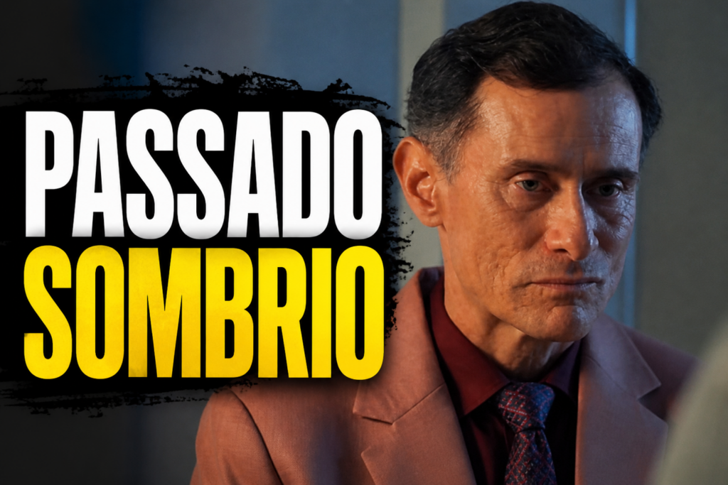 Homem com expressão séria e abatida em cena dramática revelando segredo do passado na novela Três Graças