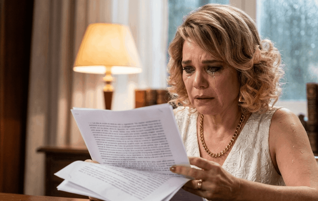 Pilar aparece emocionada e chorando enquanto lê documentos relacionados à herança de Arthur após sofrer uma derrota inesperada em Quem Ama Cuida.
