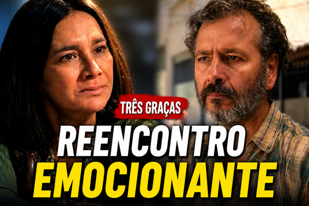 Cena emocionante de reencontro entre Joaquim e Lígia na novela Três Graças, destacando momento de reconciliação no final da trama
