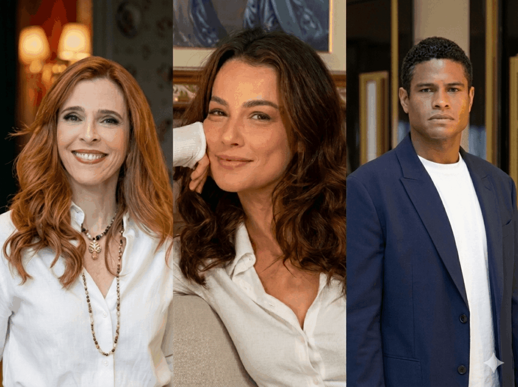 Montagem com Carmita, Bruna e Tiago em Quem Ama Cuida, destacando a aproximação entre os personagens em meio aos conflitos envolvendo a herança de Arthur Brandão.
