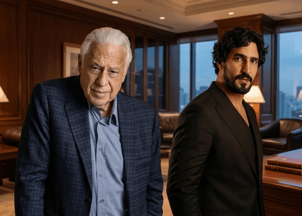 Arthur Brandão ao lado de Heitor em escritório de luxo, em cena que marca a revelação do filho desaparecido na novela Quem Ama Cuida.