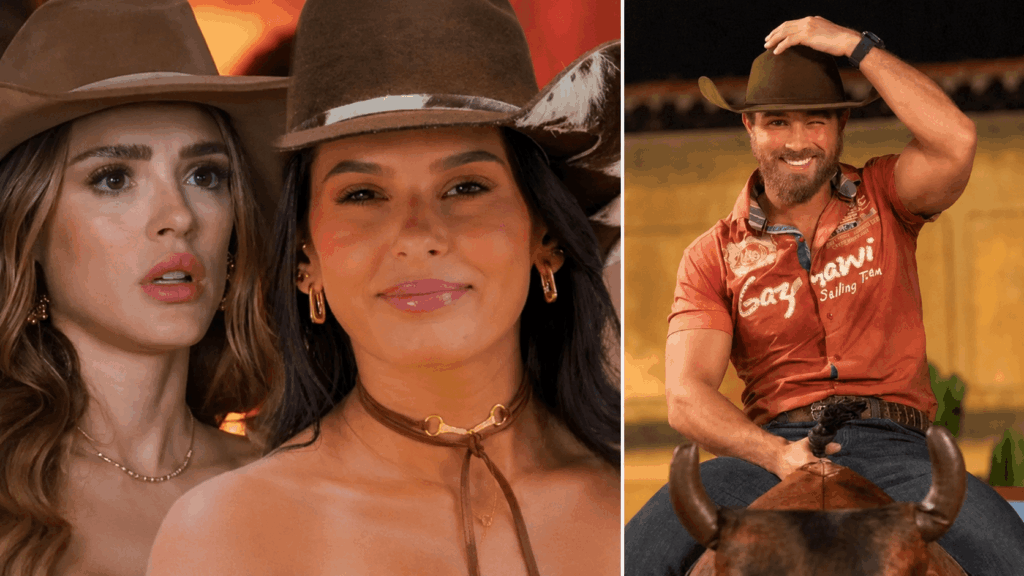 Naiane observa Ana Castela ao lado de Gael em cena de tensão na novela Coração Acelerado.
