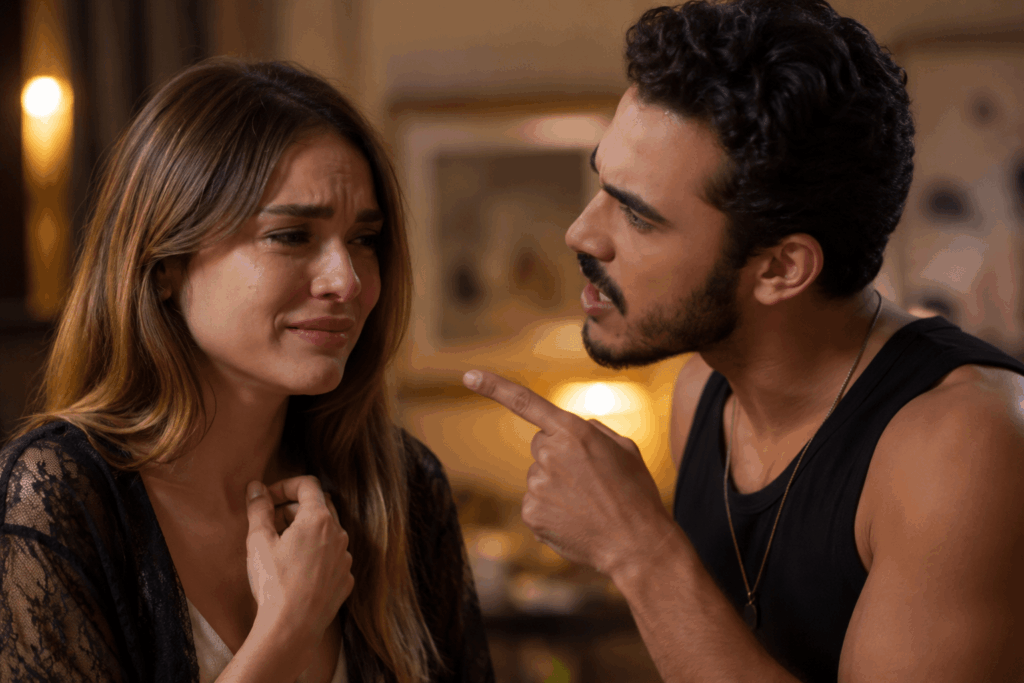 Naiane chorando durante uma discussão intensa com João Raul em cena dramática da novela Coração Acelerado.