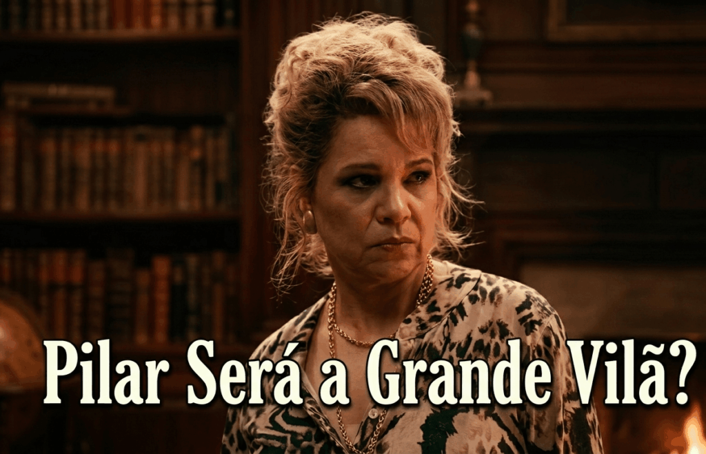 Pilar aparece com expressão séria e desconfiada em uma biblioteca luxuosa, cercada por estantes de livros, enquanto a chamada "Pilar Será a Grande Vilã?" destaca o mistério sobre seu papel na novela Quem Ama Cuida.