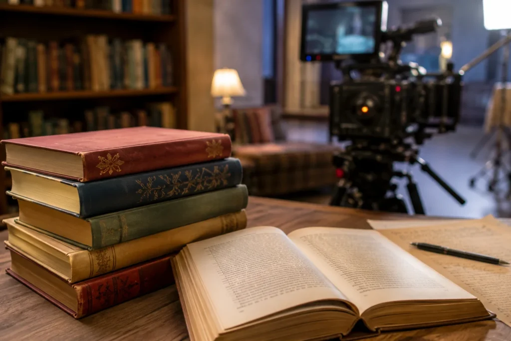 Livros sobre uma mesa com cenário de estúdio de televisão ao fundo representando adaptações literárias que deram origem a novelas de sucesso.
