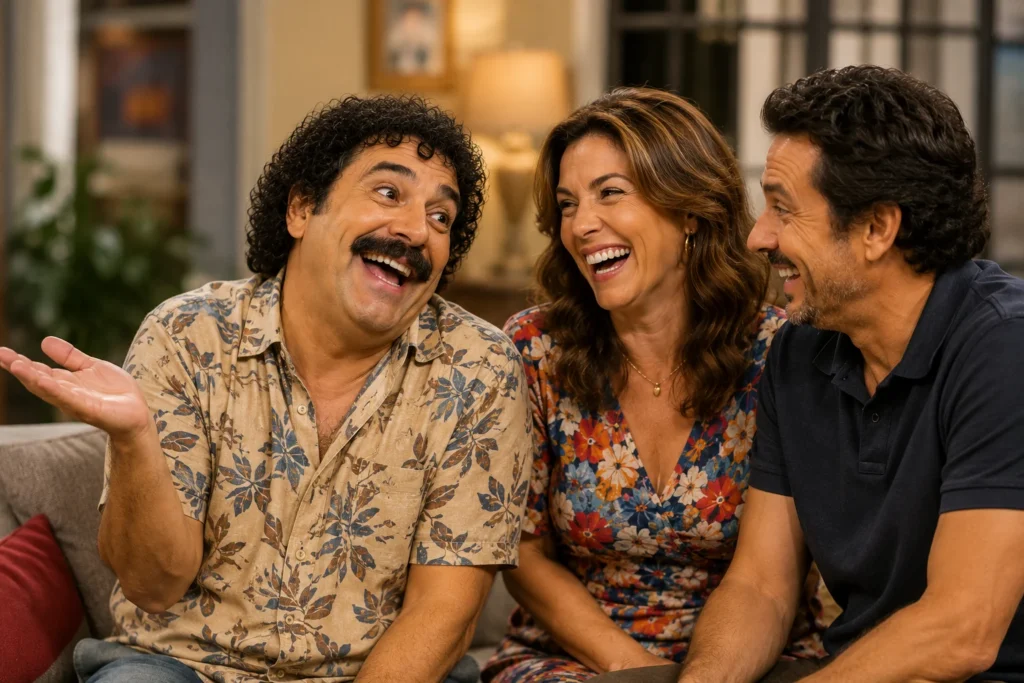 Três atores sorrindo em um cenário colorido de feira livre representando o alívio cômico nas novelas brasileiras