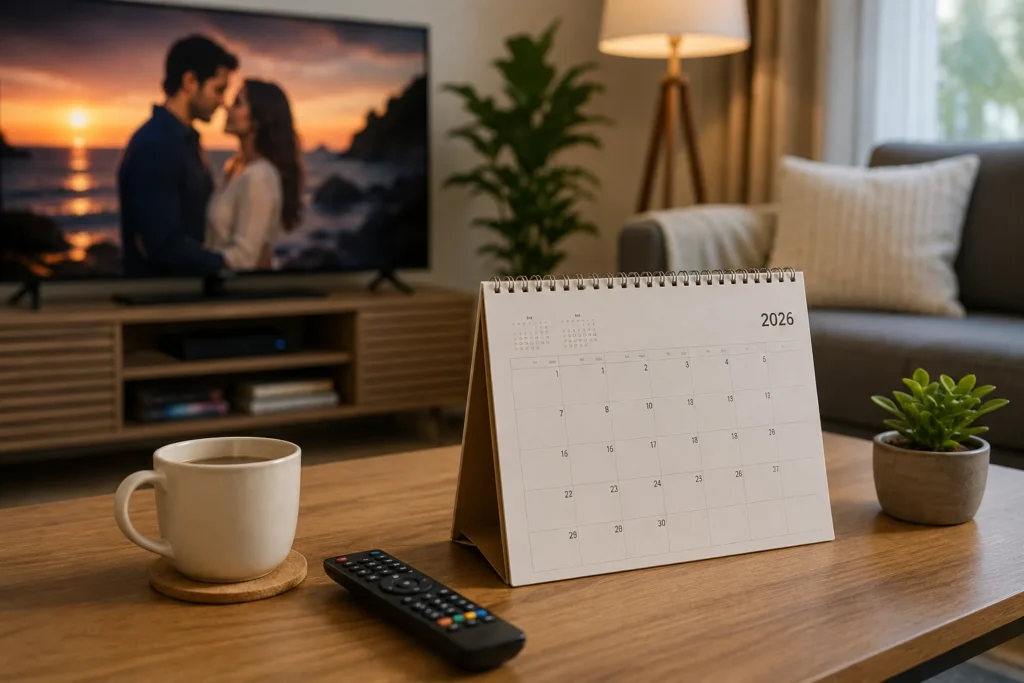 Calendário de mesa com o ano de 2026 em uma sala de estar, representando o calendário de estreias e finais das novelas brasileiras.