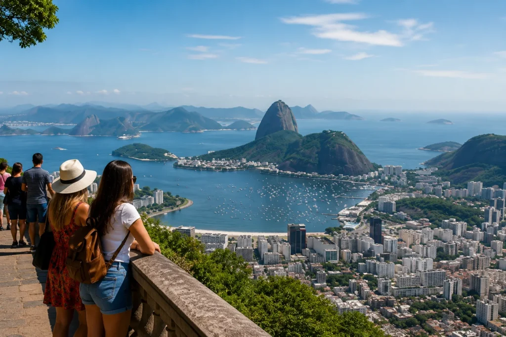 Vista panorâmica do Rio de Janeiro com turistas observando a paisagem, representando uma das cidades mais utilizadas como cenário em novelas brasileiras.