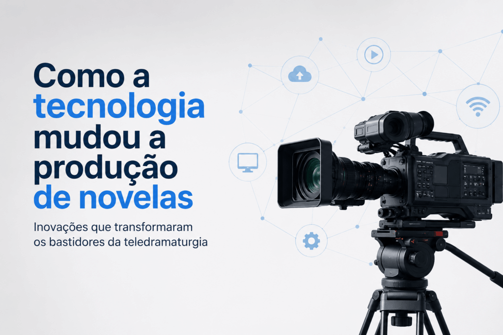 Câmera profissional de televisão representando a evolução tecnológica na produção de novelas brasileiras.