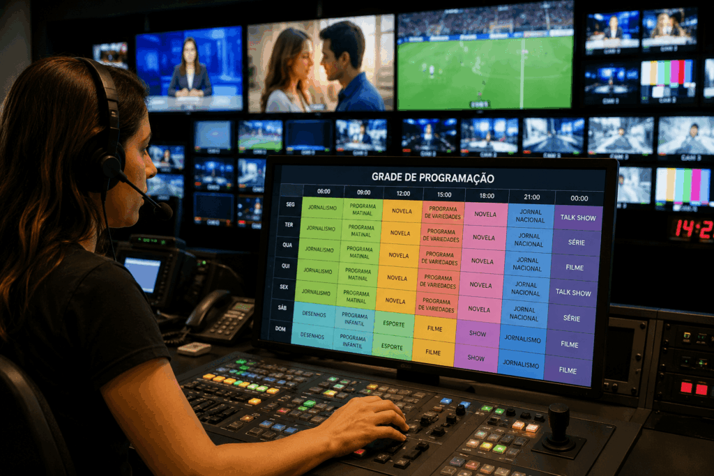 Profissional trabalhando na central de programação de uma emissora de televisão organizando a grade de programas.