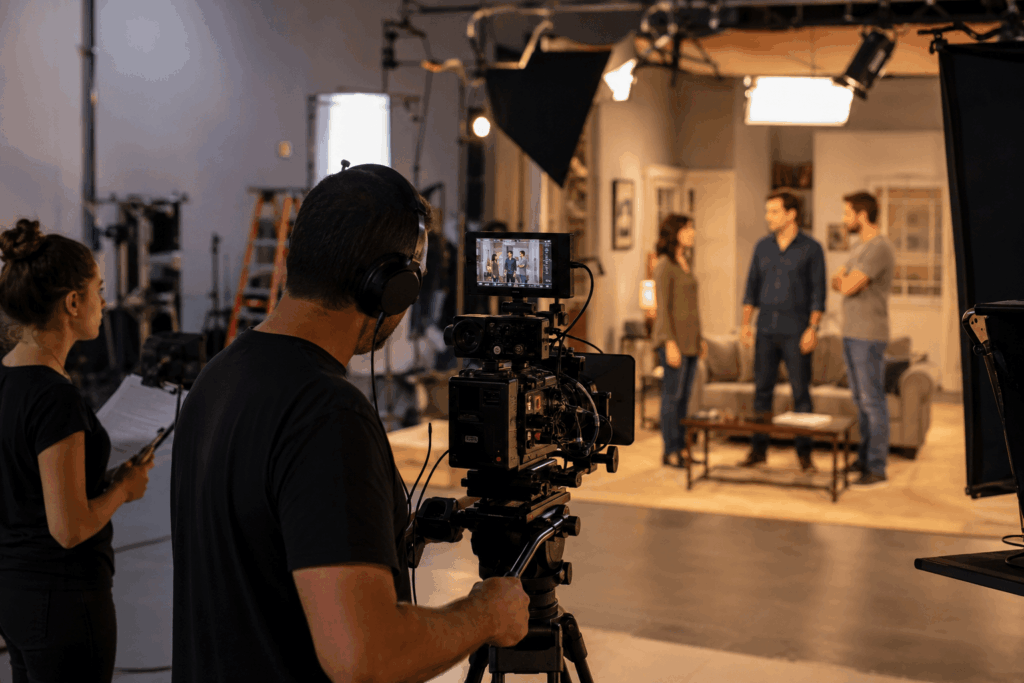 Equipe de produção grava cena de uma novela em estúdio de televisão com câmeras profissionais, iluminação e atores durante as filmagens.