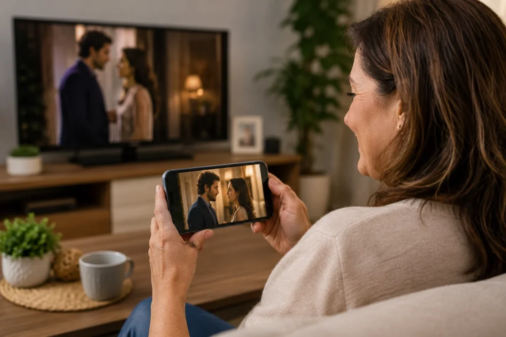 Mulher assistindo novela pelo celular em uma sala de estar, representando o crescimento do consumo de novelas pela internet.