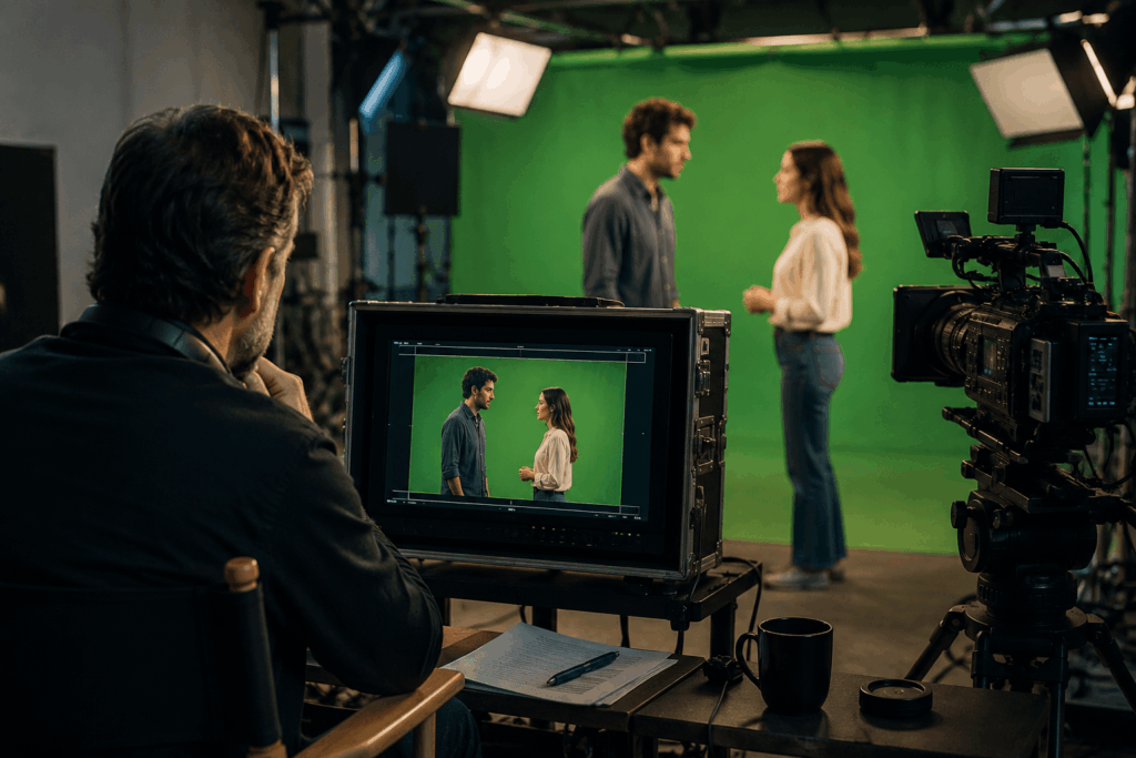 Diretor acompanha a gravação de uma novela em estúdio com chroma key e equipamentos profissionais de produção audiovisual.