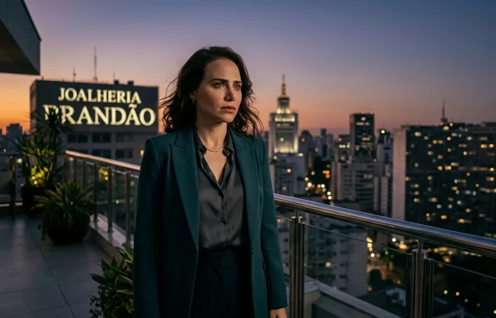 Adriana (Letícia Colin) observando a cidade em uma varanda ao anoitecer, com a placa da Joalheria Brandão ao fundo em Quem Ama Cuida