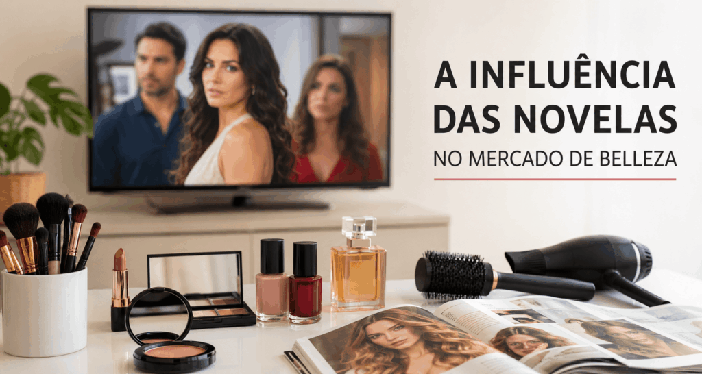 Produtos de beleza em primeiro plano com televisão ao fundo representando a influência das novelas nas tendências de beleza no Brasil.