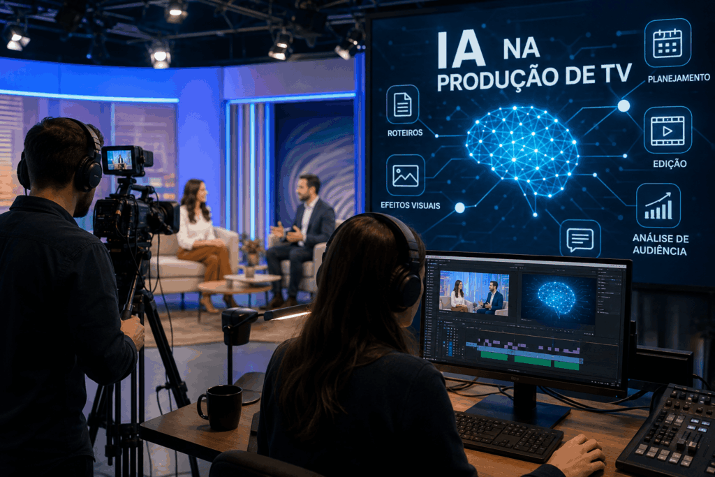 Equipe de produção de televisão utilizando recursos de inteligência artificial durante a gravação e edição de um programa de TV.