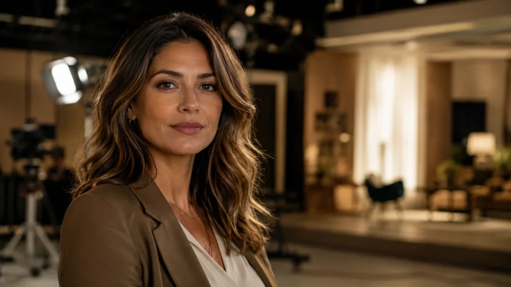Ilustração conceitual de uma protagonista de novela moderna e confiante, em um estúdio de produção de TV