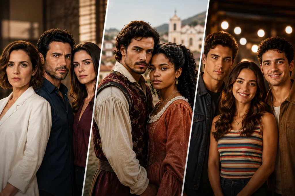 Personagens das novelas Quem Ama Cuida, A Nobreza do Amor e Coração Acelerado em montagem editorial representando as principais reviravoltas das tramas atuais.