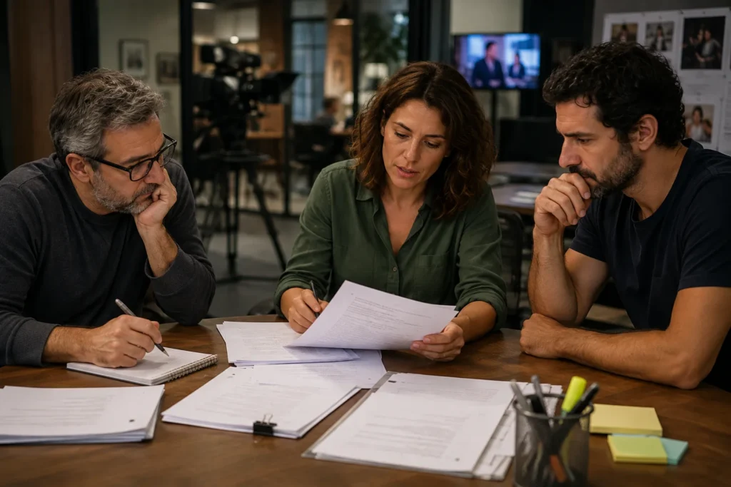 Equipe de roteiristas reunida discutindo alterações no roteiro de uma novela durante reunião de produção